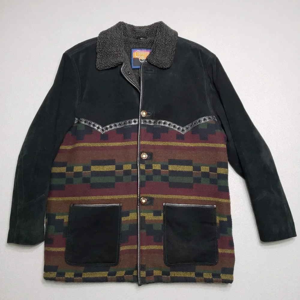 Cripple Creek Mens Jacket Large Suede‎ Leather Southwestern Aztec Sherpa VTG